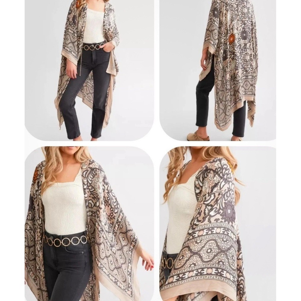 Free People Magic Dance Boho Kimono Mushroom Taupe Floral One Size